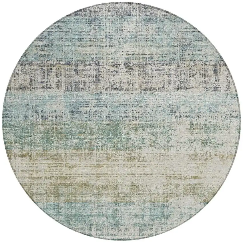 8' Teal Blue And Beige Round Striped Washable Indoor Outdoor Area Rug Photo 3