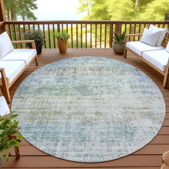 8' Teal Blue And Beige Round Striped Washable Indoor Outdoor Area Rug Photo 4