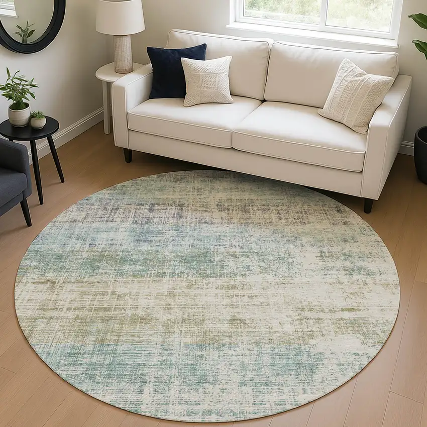 8' Teal Blue And Beige Round Striped Washable Indoor Outdoor Area Rug Photo 5