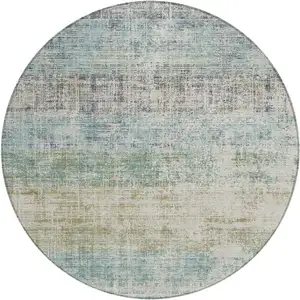 Photo of 8' Teal Blue And Beige Round Striped Washable Indoor Outdoor Area Rug
