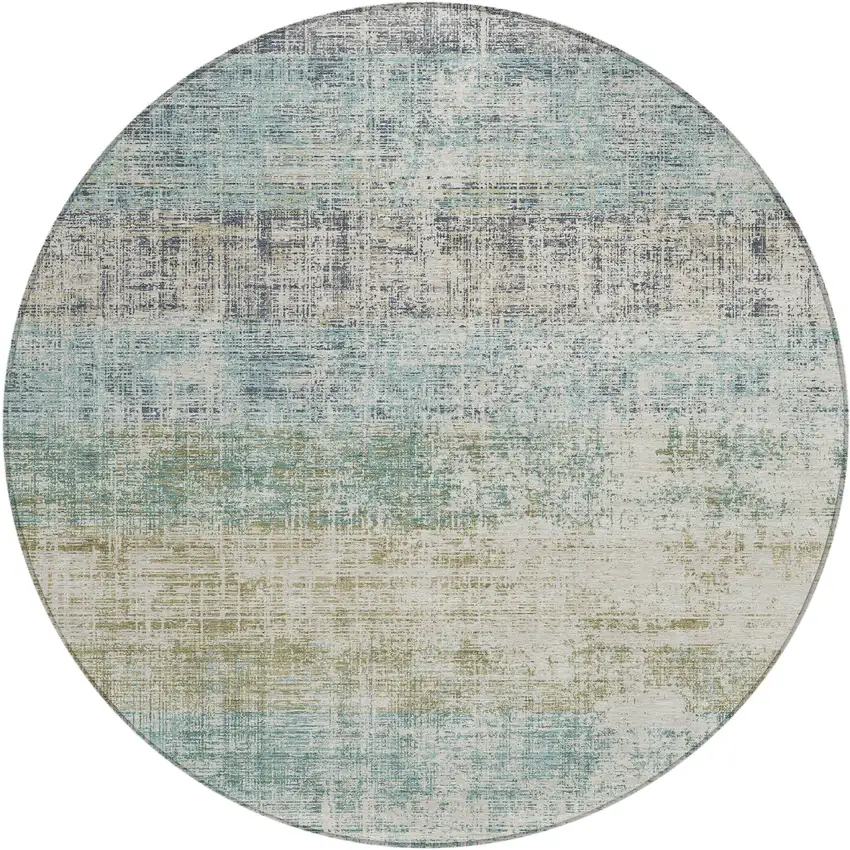 8' Teal Blue And Beige Round Striped Washable Indoor Outdoor Area Rug Photo 1