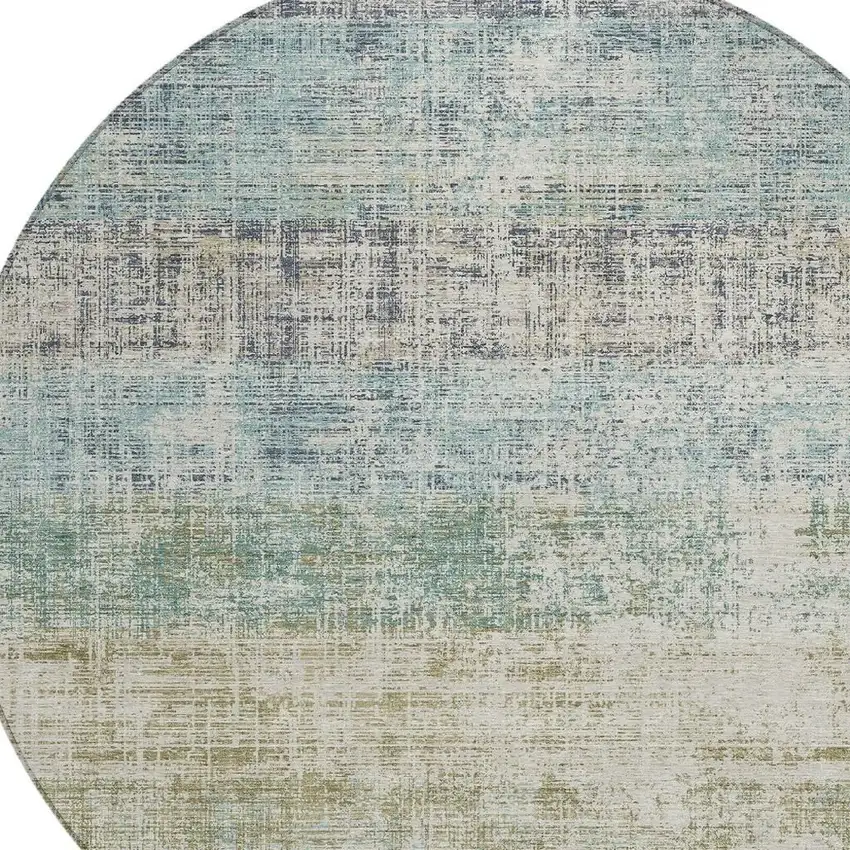 8' Teal Blue And Beige Round Striped Washable Indoor Outdoor Area Rug Photo 2