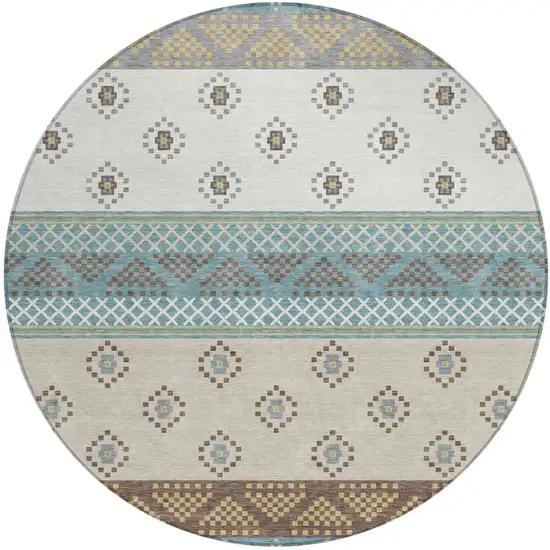 8' Teal Blue And Beige Round Striped Washable Indoor Outdoor Area Rug Photo 2