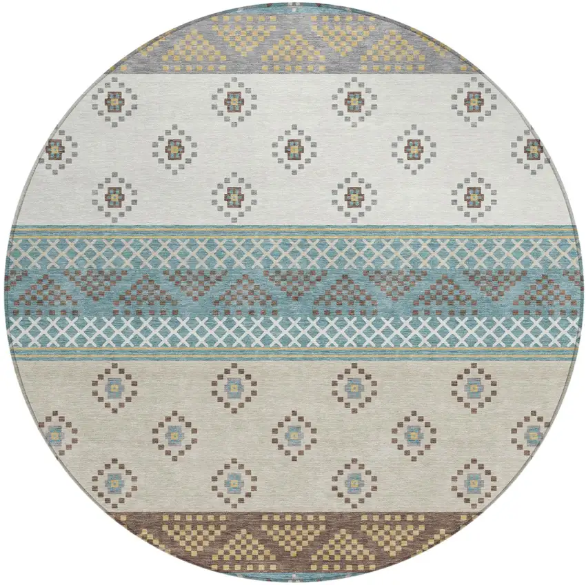 8' Teal Blue And Beige Round Striped Washable Indoor Outdoor Area Rug Photo 2