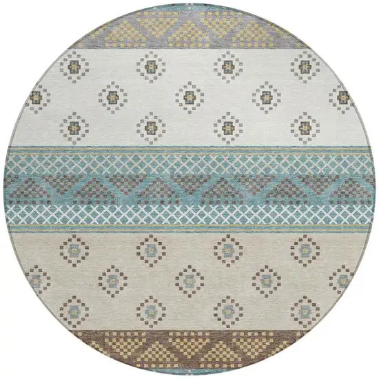 8' Teal Blue And Beige Round Striped Washable Indoor Outdoor Area Rug Photo 3