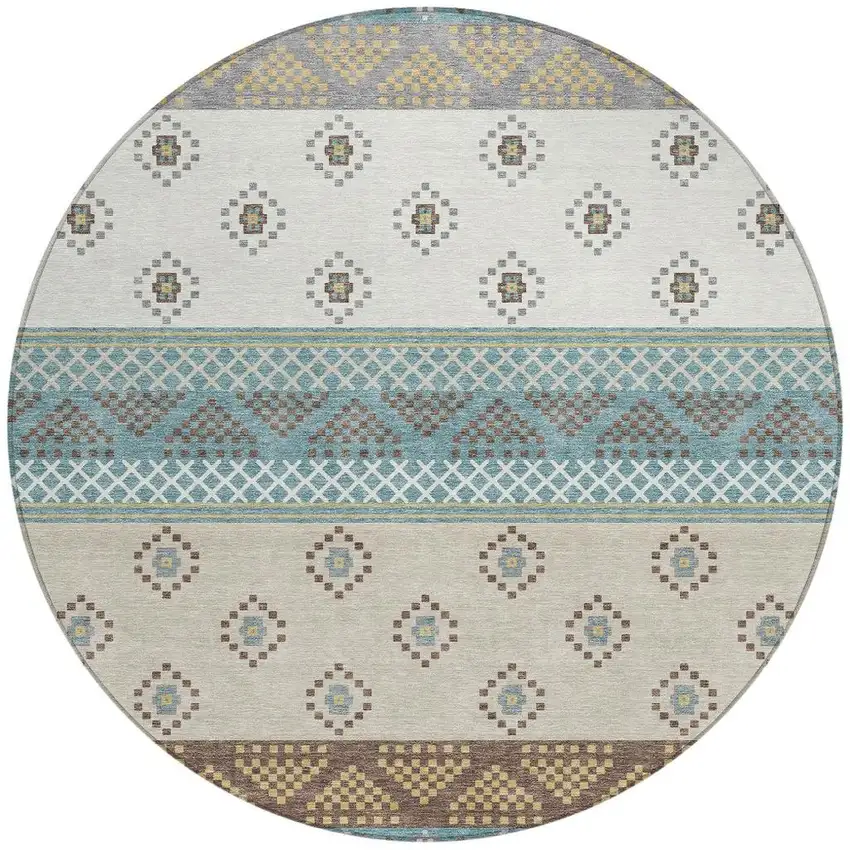 8' Teal Blue And Beige Round Striped Washable Indoor Outdoor Area Rug Photo 3