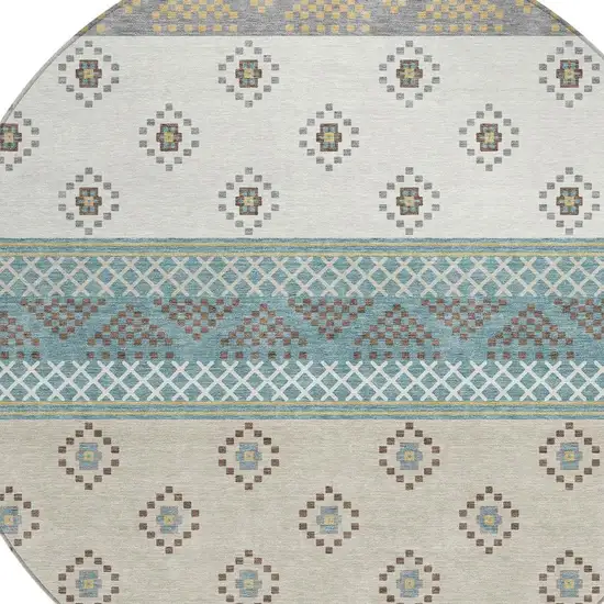 8' Teal Blue And Beige Round Striped Washable Indoor Outdoor Area Rug Photo 5