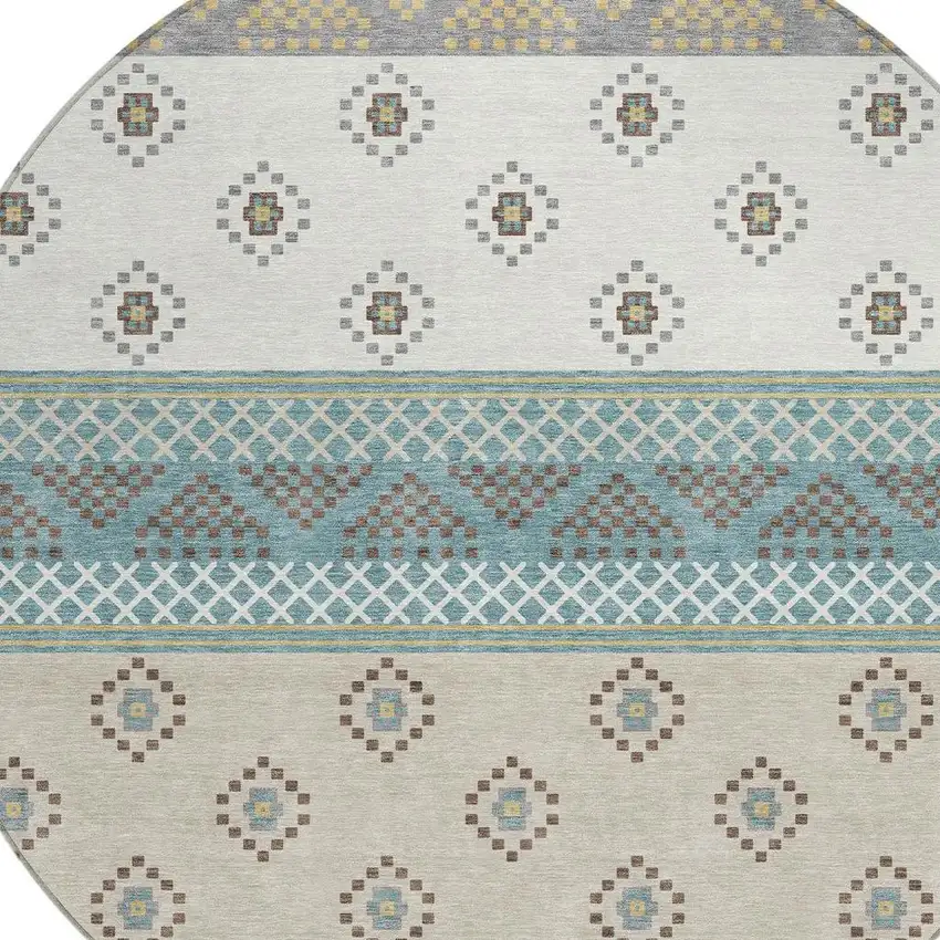 8' Teal Blue And Beige Round Striped Washable Indoor Outdoor Area Rug Photo 5
