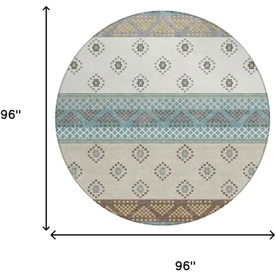 8' Teal Blue And Beige Round Striped Washable Indoor Outdoor Area Rug Photo 8
