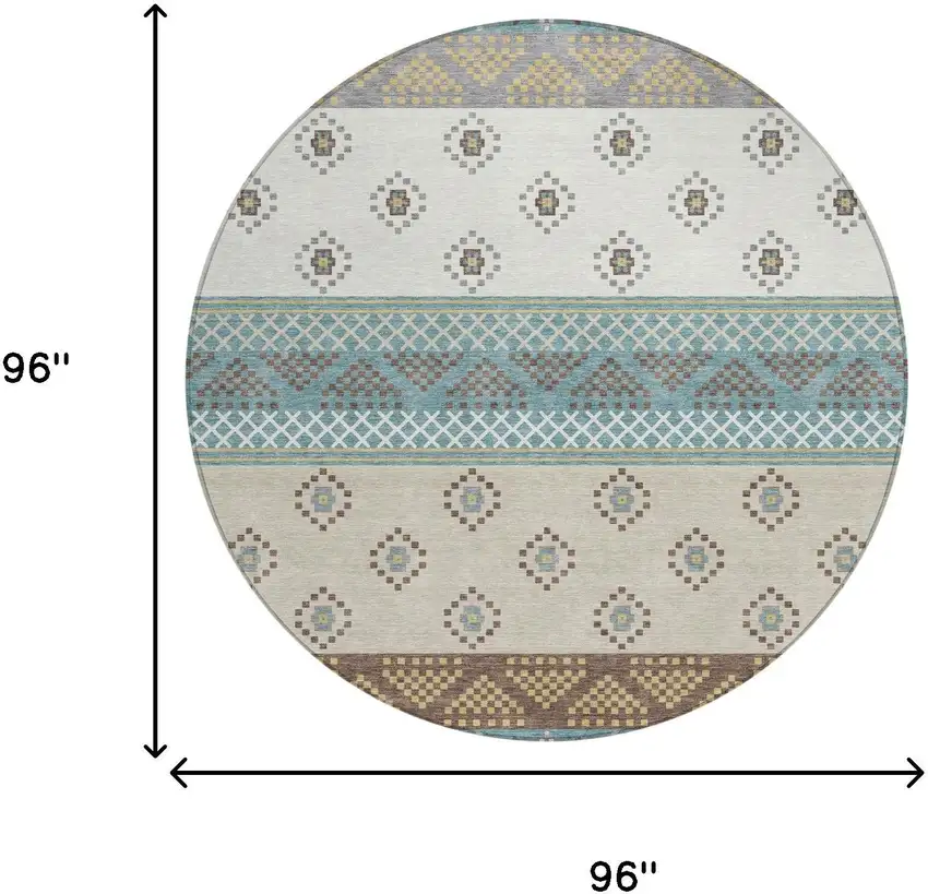 8' Teal Blue And Beige Round Striped Washable Indoor Outdoor Area Rug Photo 8