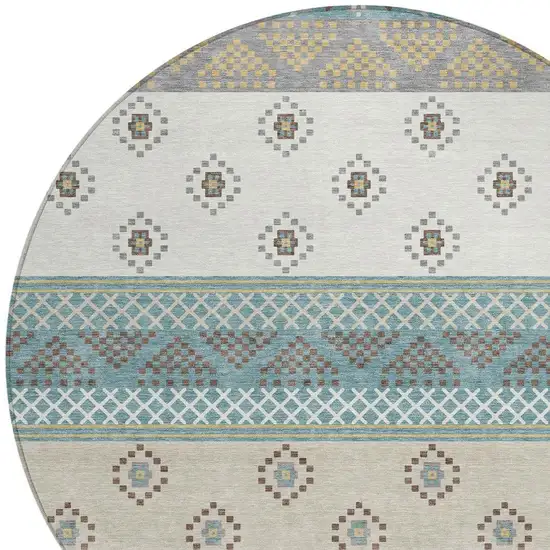 8' Teal Blue And Beige Round Striped Washable Indoor Outdoor Area Rug Photo 4