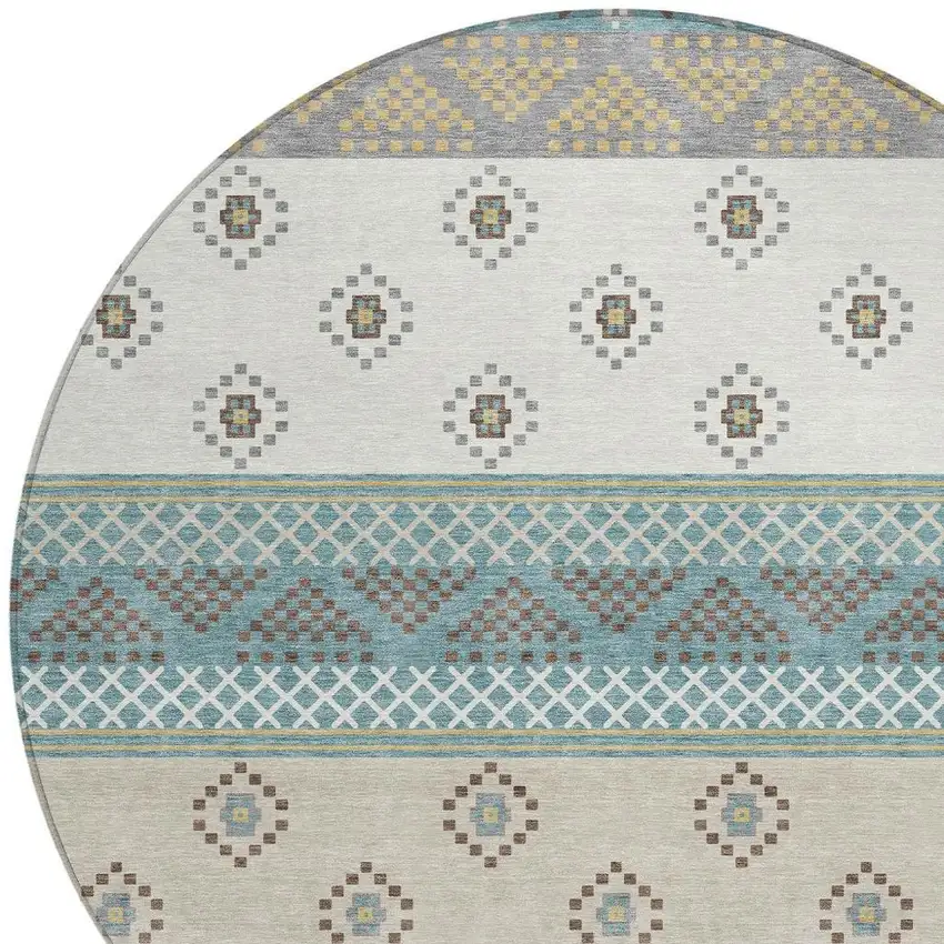 8' Teal Blue And Beige Round Striped Washable Indoor Outdoor Area Rug Photo 4