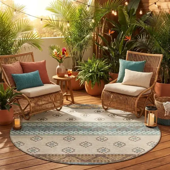 8' Teal Blue And Beige Round Striped Washable Indoor Outdoor Area Rug Photo 1