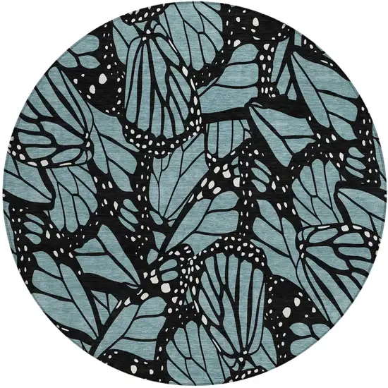 8' Teal Blue And Black Round Animal Print Washable Indoor Outdoor Area Rug Photo 2