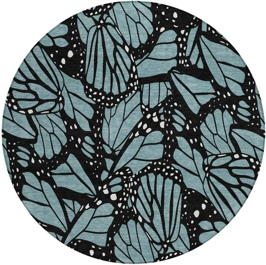 8' Teal Blue And Black Round Animal Print Washable Indoor Outdoor Area Rug Photo 2