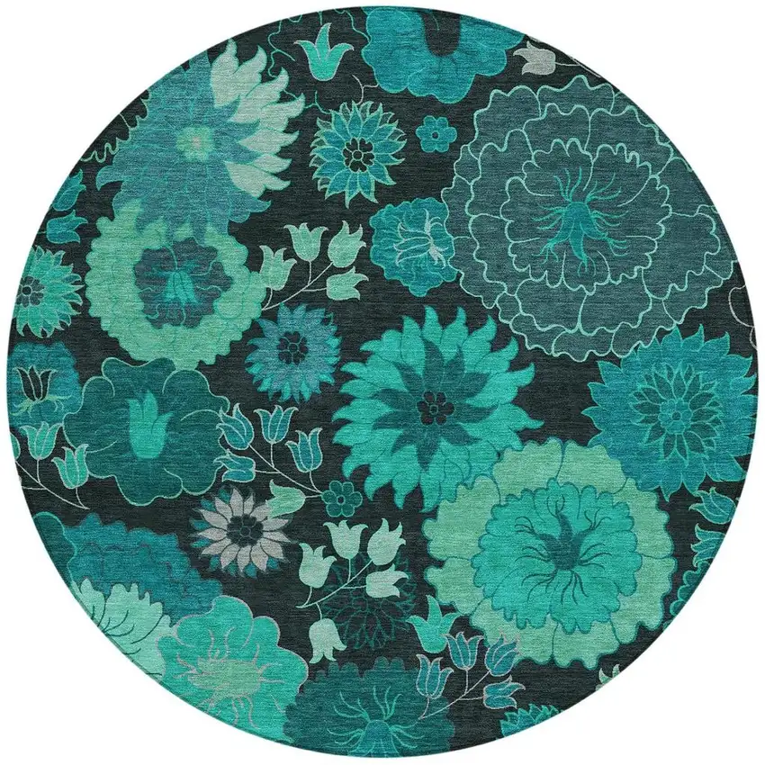 8' Teal Blue And Black Round Floral Washable Indoor Outdoor Area Rug Photo 4