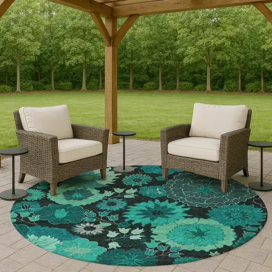 8' Teal Blue And Black Round Floral Washable Indoor Outdoor Area Rug Photo 8