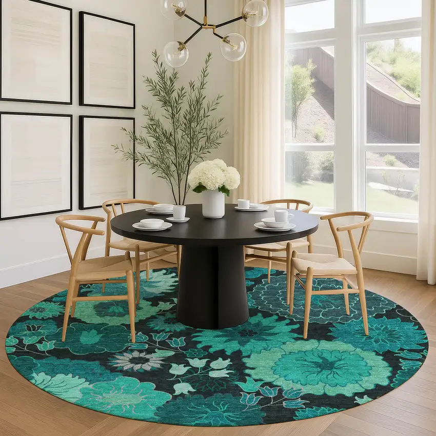 8' Teal Blue And Black Round Floral Washable Indoor Outdoor Area Rug Photo 9