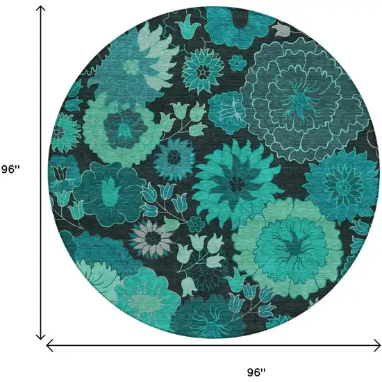 8' Teal Blue And Black Round Floral Washable Indoor Outdoor Area Rug Photo 3
