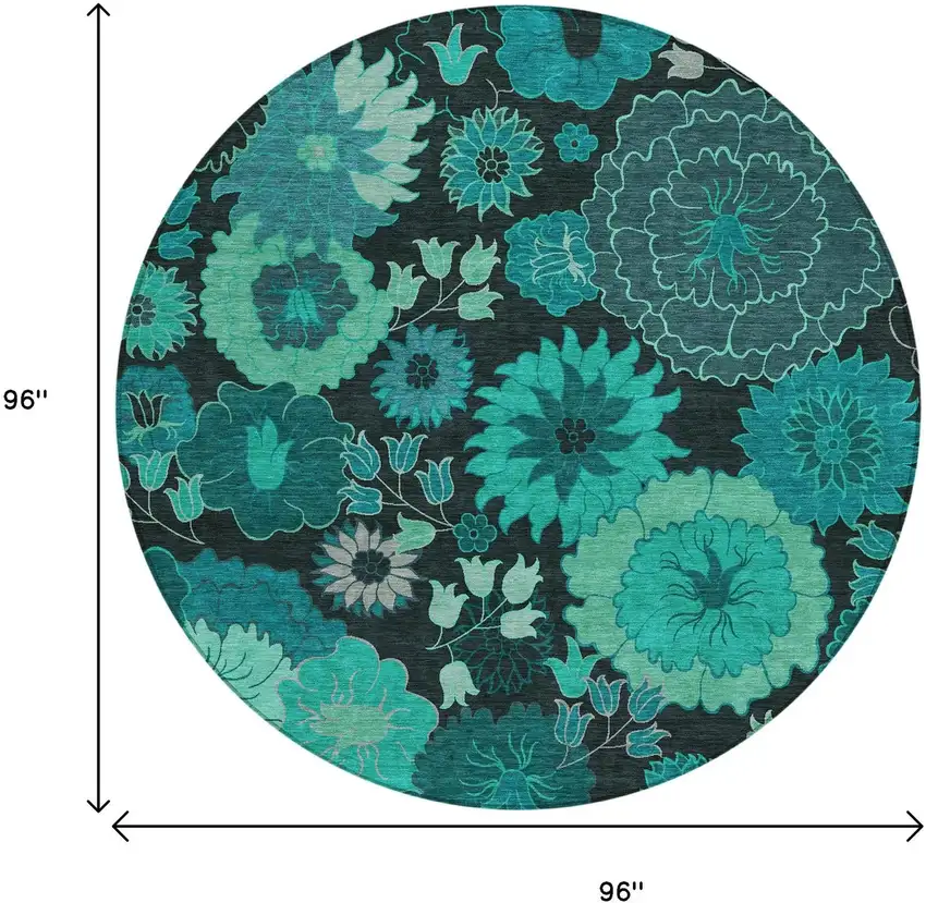 8' Teal Blue And Black Round Floral Washable Indoor Outdoor Area Rug Photo 3