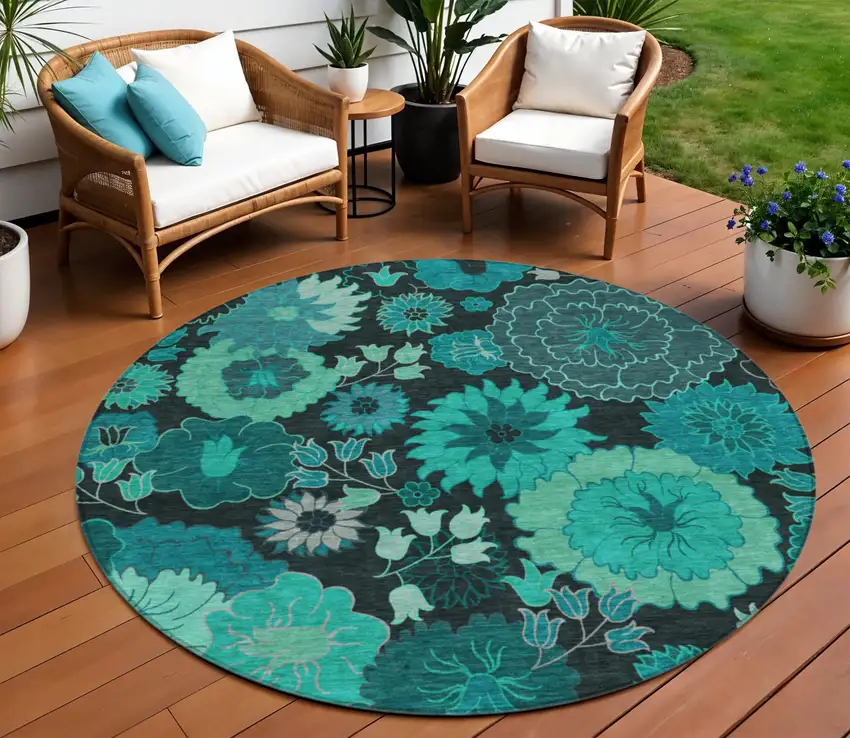 8' Teal Blue And Black Round Floral Washable Indoor Outdoor Area Rug Photo 1