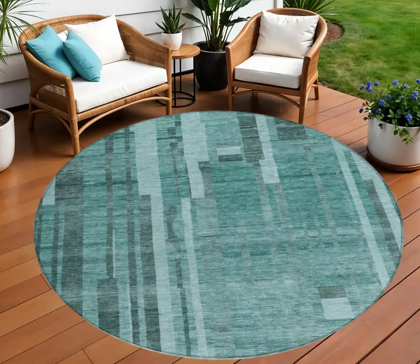 8' Teal Blue And Black Round Striped Washable Indoor Outdoor Area Rug Photo 1
