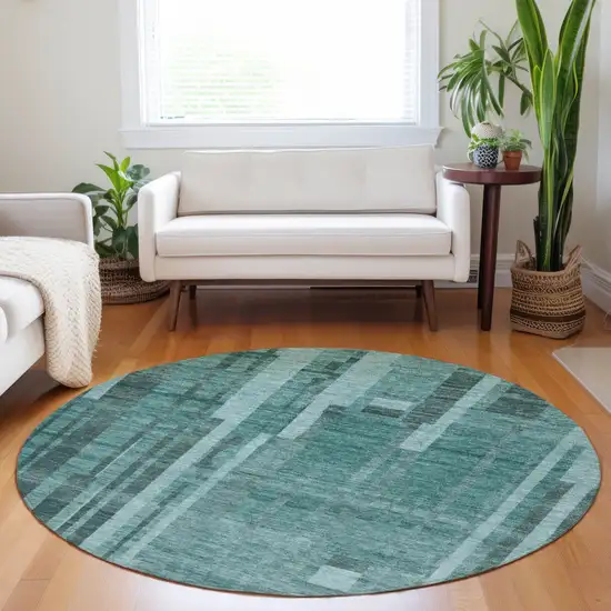 8' Teal Blue And Black Round Striped Washable Indoor Outdoor Area Rug Photo 8