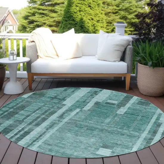 8' Teal Blue And Black Round Striped Washable Indoor Outdoor Area Rug Photo 7