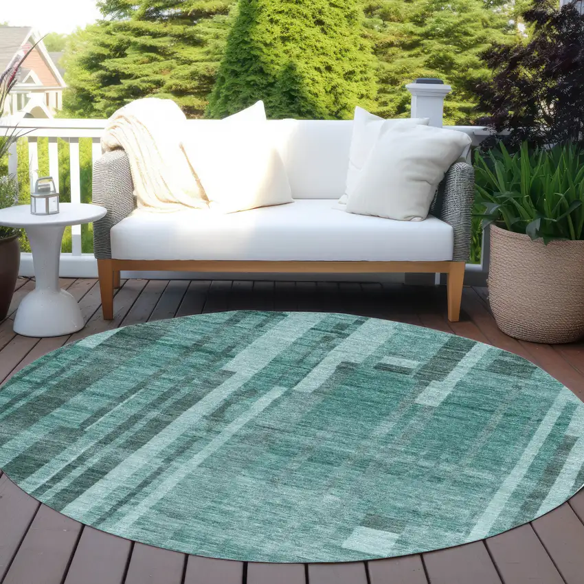 8' Teal Blue And Black Round Striped Washable Indoor Outdoor Area Rug Photo 7