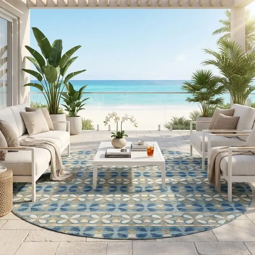 8' Teal Blue And Black Round Striped Washable Indoor Outdoor Area Rug Photo 1