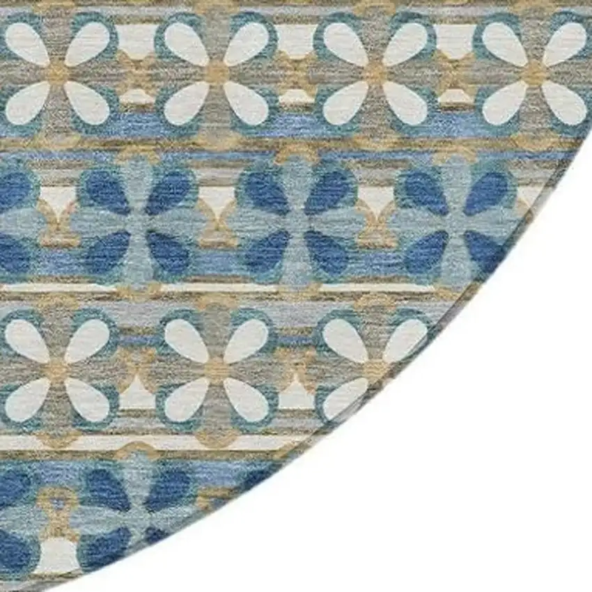 8' Teal Blue And Black Round Striped Washable Indoor Outdoor Area Rug Photo 3