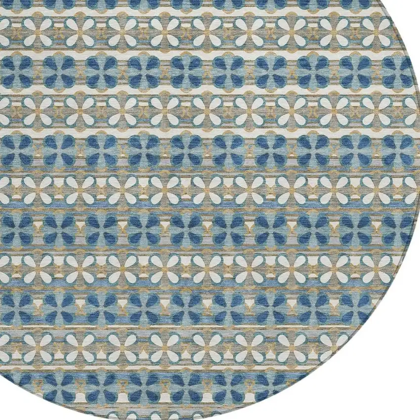 8' Teal Blue And Black Round Striped Washable Indoor Outdoor Area Rug Photo 2