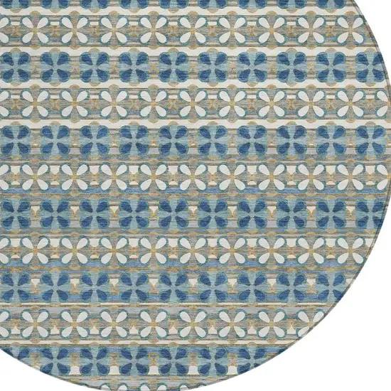 8' Teal Blue And Black Round Striped Washable Indoor Outdoor Area Rug Photo 2