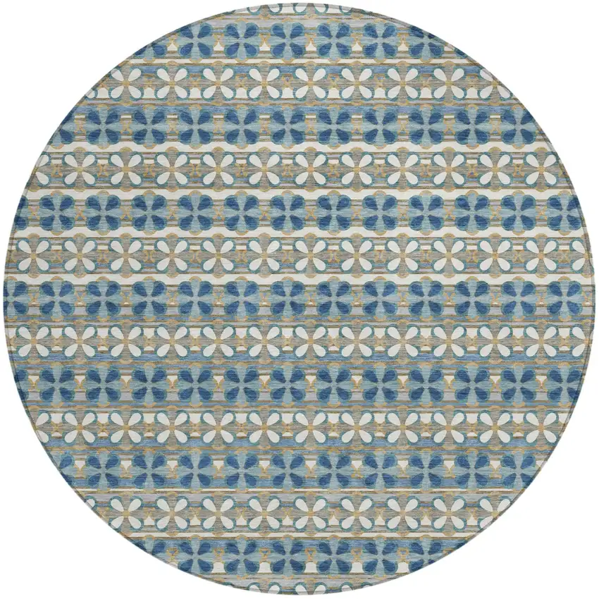 8' Teal Blue And Black Round Striped Washable Indoor Outdoor Area Rug Photo 4