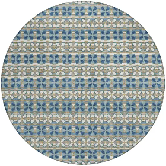 8' Teal Blue And Black Round Striped Washable Indoor Outdoor Area Rug Photo 4