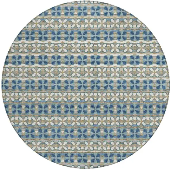 8' Teal Blue And Black Round Striped Washable Indoor Outdoor Area Rug Photo 5