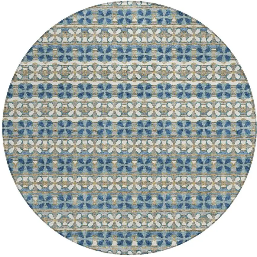 8' Teal Blue And Black Round Striped Washable Indoor Outdoor Area Rug Photo 5