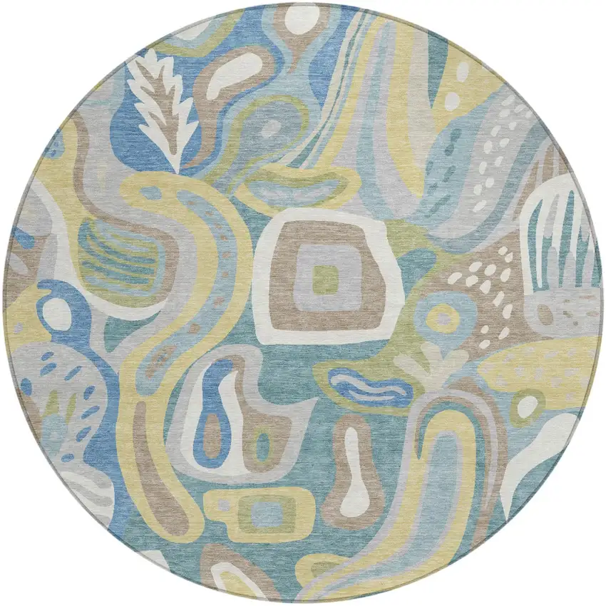 8' Teal Blue And Blue Round Abstract Washable Indoor Outdoor Area Rug Photo 2
