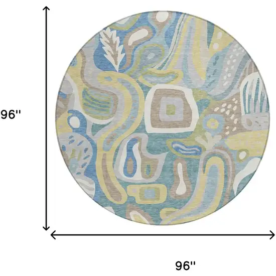 8' Teal Blue And Blue Round Abstract Washable Indoor Outdoor Area Rug Photo 7