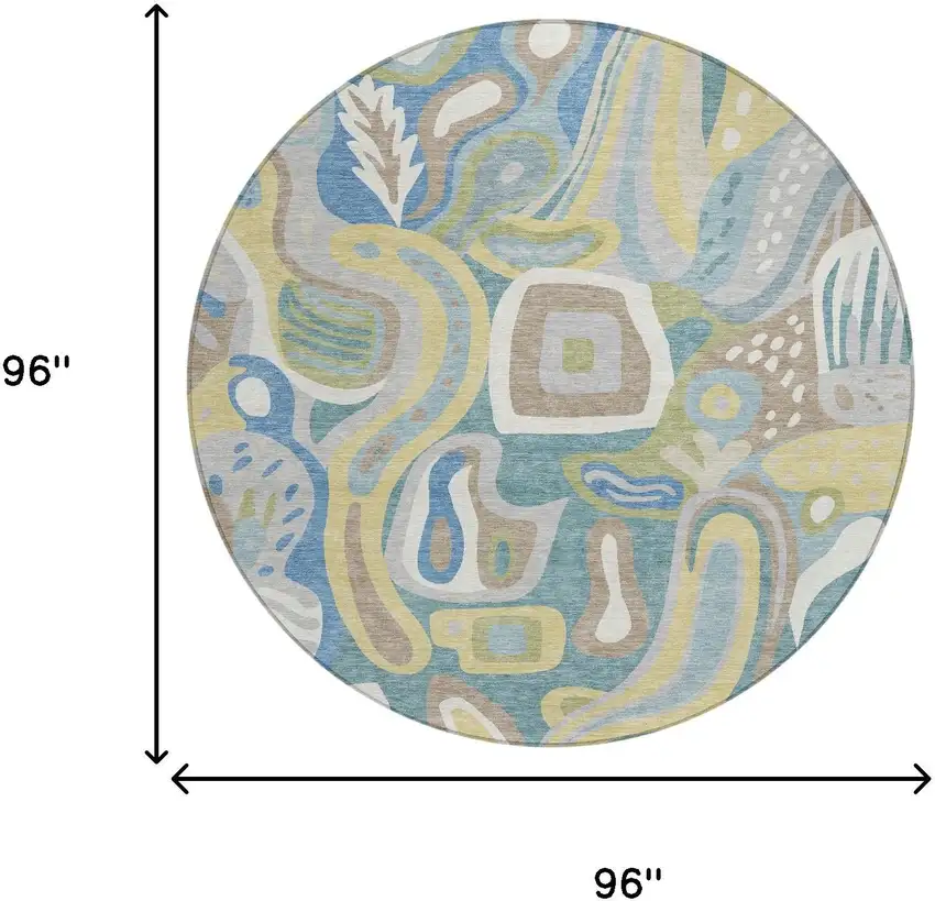 8' Teal Blue And Blue Round Abstract Washable Indoor Outdoor Area Rug Photo 7