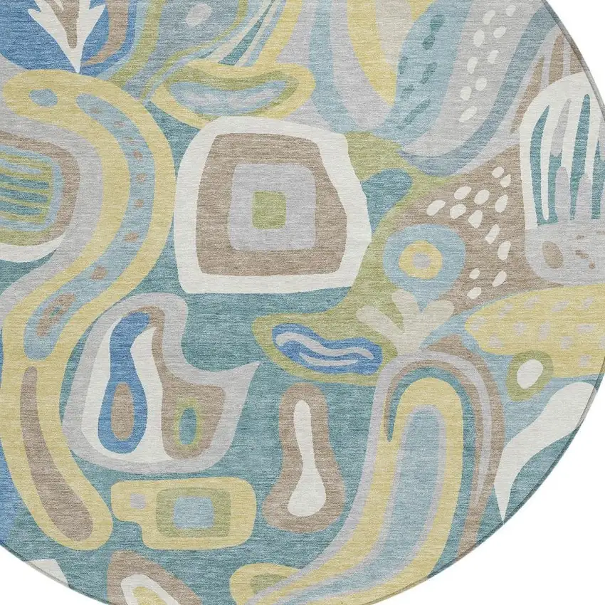 8' Teal Blue And Blue Round Abstract Washable Indoor Outdoor Area Rug Photo 3