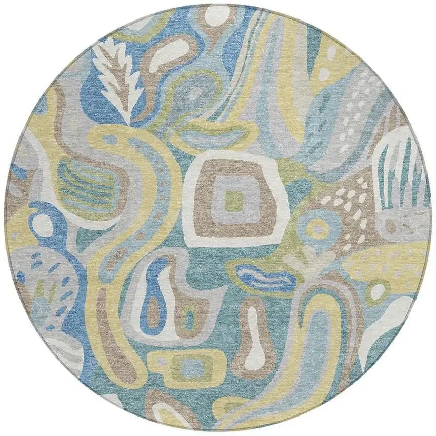 8' Teal Blue And Blue Round Abstract Washable Indoor Outdoor Area Rug Photo 4