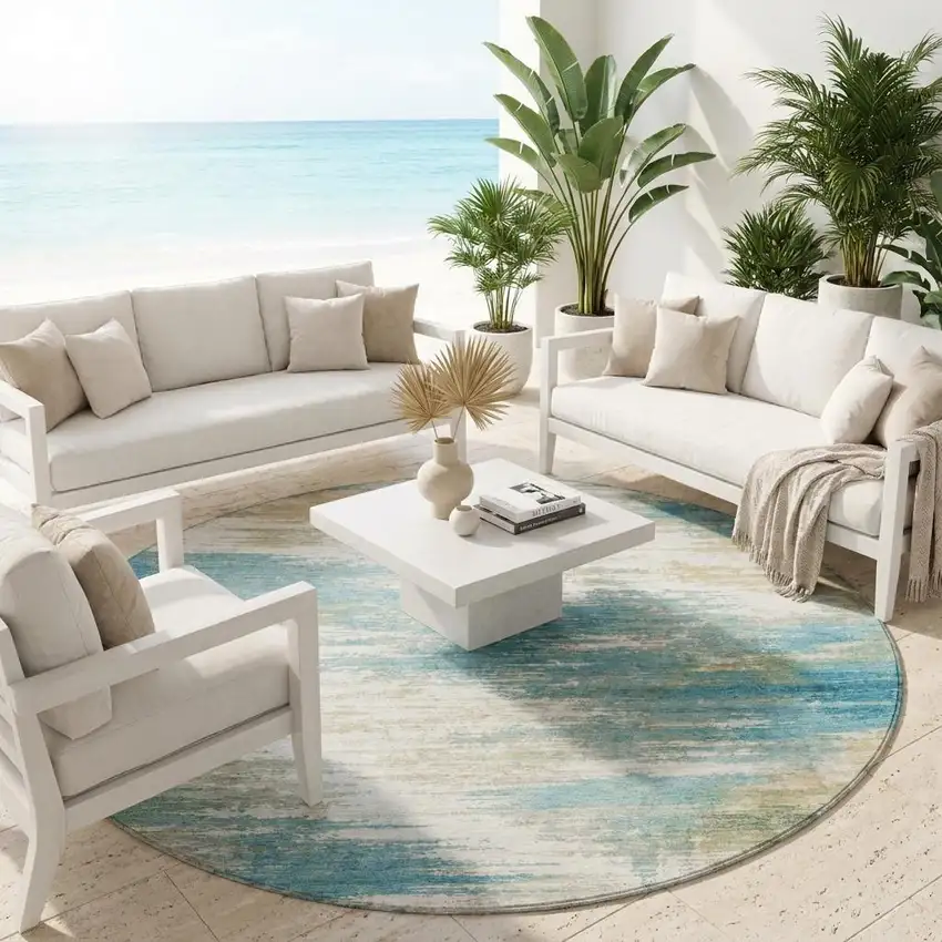 8' Teal Blue And Blue Round Abstract Washable Indoor Outdoor Area Rug Photo 1