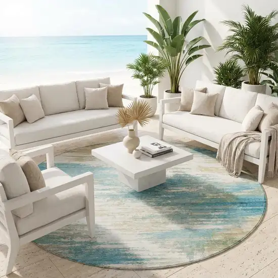8' Teal Blue And Blue Round Abstract Washable Indoor Outdoor Area Rug Photo 1