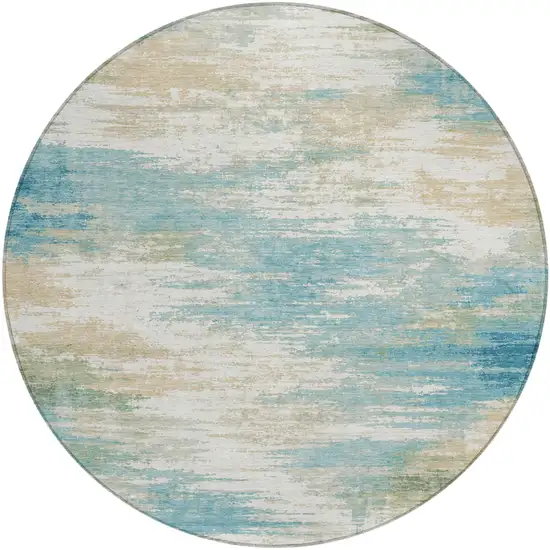 8' Teal Blue And Blue Round Abstract Washable Indoor Outdoor Area Rug Photo 2
