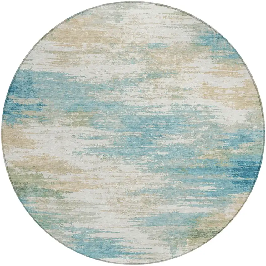 8' Teal Blue And Blue Round Abstract Washable Indoor Outdoor Area Rug Photo 2