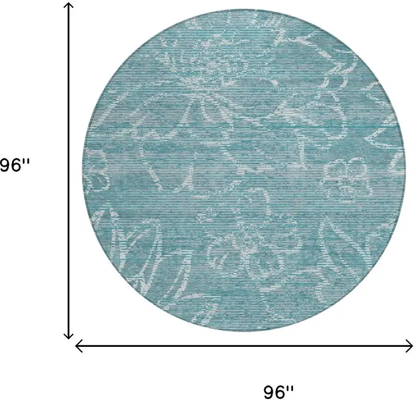 8' Teal Blue And Blue Round Floral Washable Indoor Outdoor Area Rug Photo 5