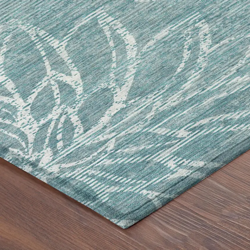 8' Teal Blue And Blue Round Floral Washable Indoor Outdoor Area Rug Photo 3