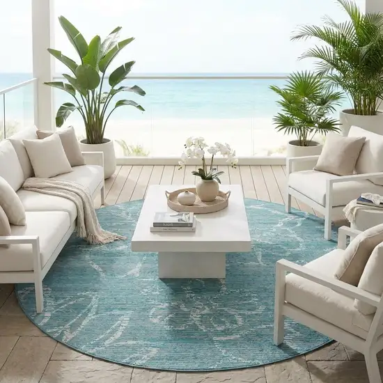 8' Teal Blue And Blue Round Floral Washable Indoor Outdoor Area Rug Photo 1
