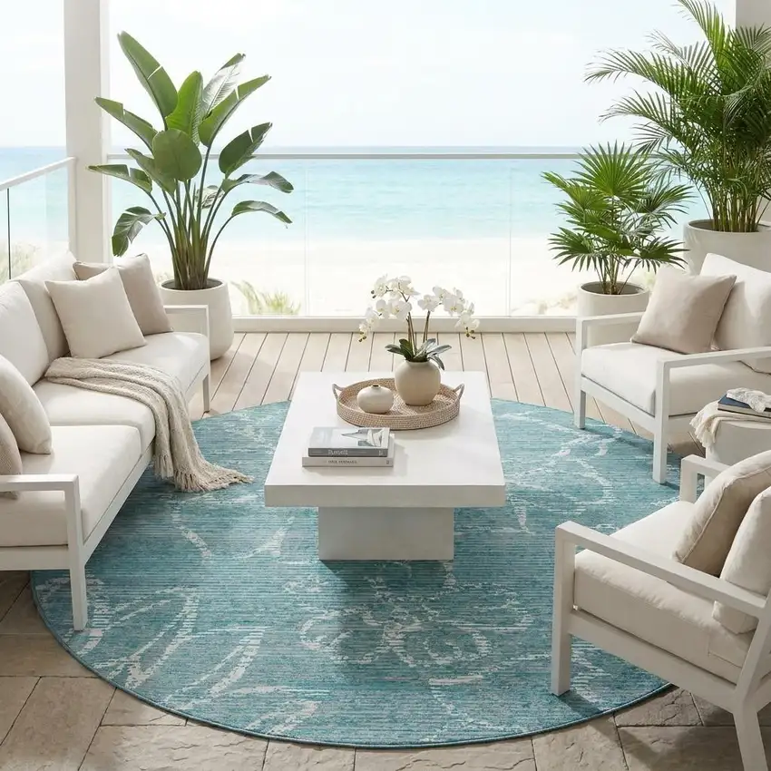 8' Teal Blue And Blue Round Floral Washable Indoor Outdoor Area Rug Photo 1